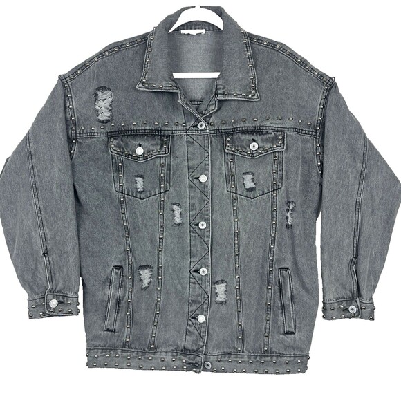 Denim Jean Jacket Womens SZ M Gray Button down Distressed Ripped Silver studs - Picture 1 of 13